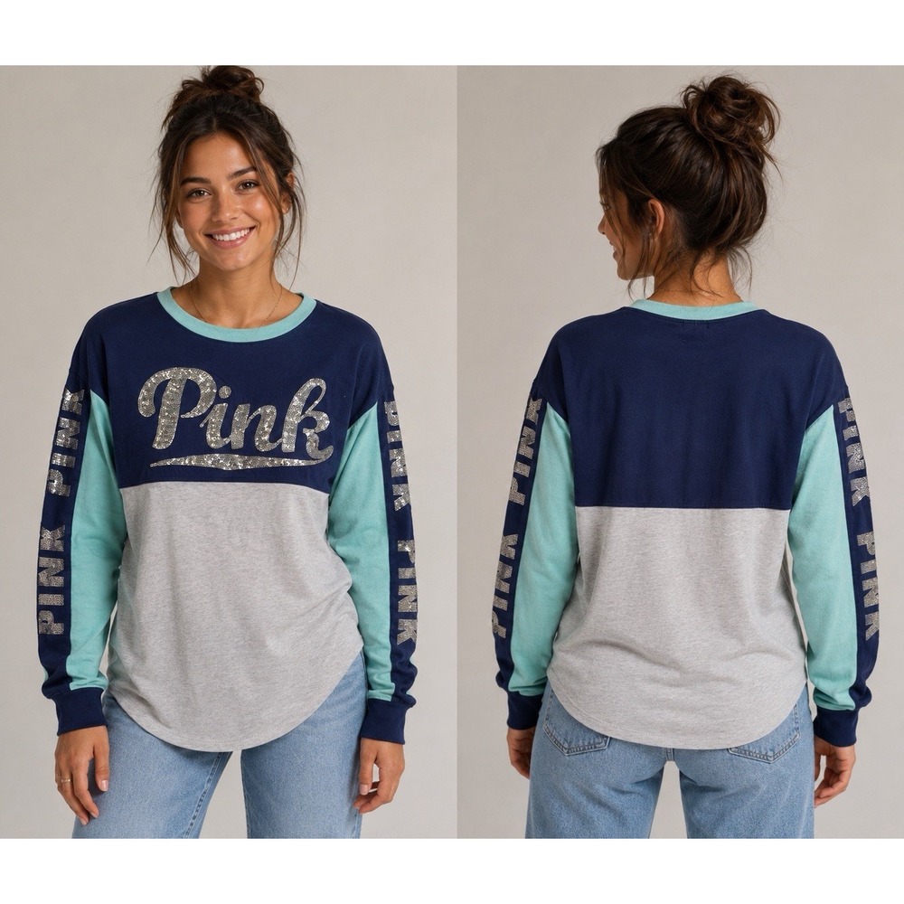 PINK by Victoria Secret Size XS Blue Gray & Aqua Long Sleeve Sequins Oversized